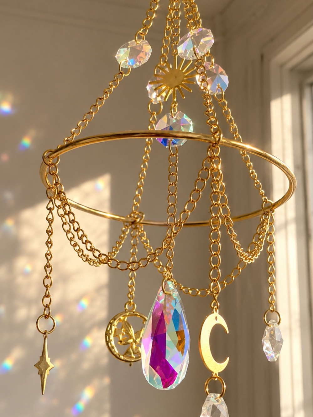 Gold Crystal Prism Mobile with Crescent and Sun Charms